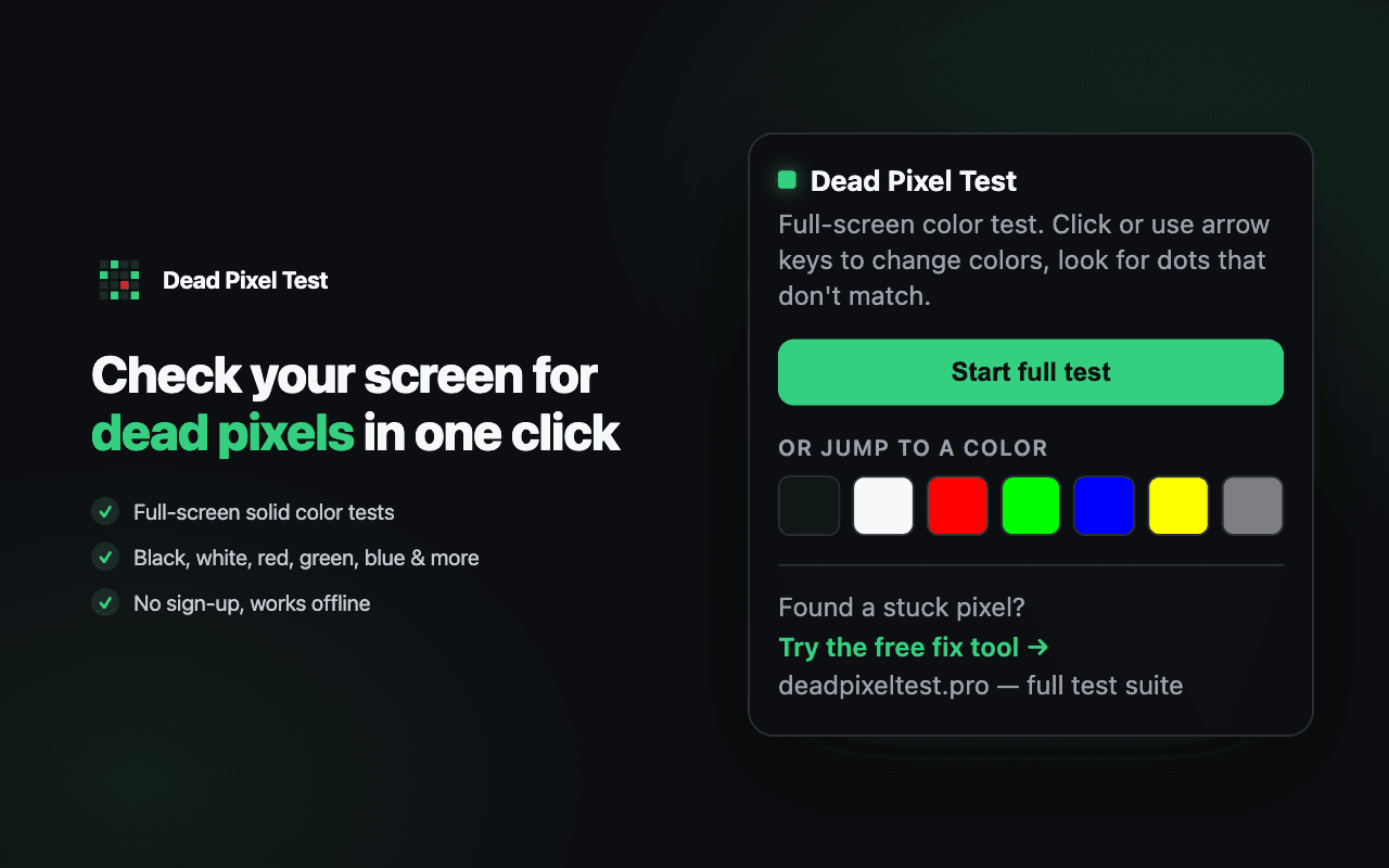 Dead Pixel Test extension popup with a start button and 7 color swatches